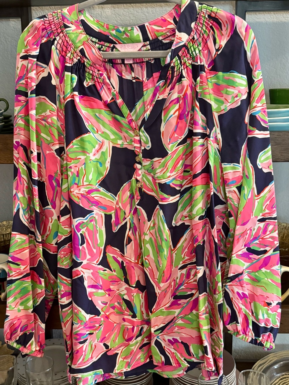 Lilly Pulitzer Elsa Top Navy Pink Green Leaf-Print